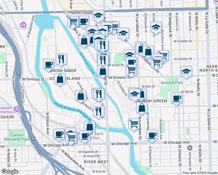 map of restaurants, bars, coffee shops, grocery stores, and more near North Halsted Street in Chicago