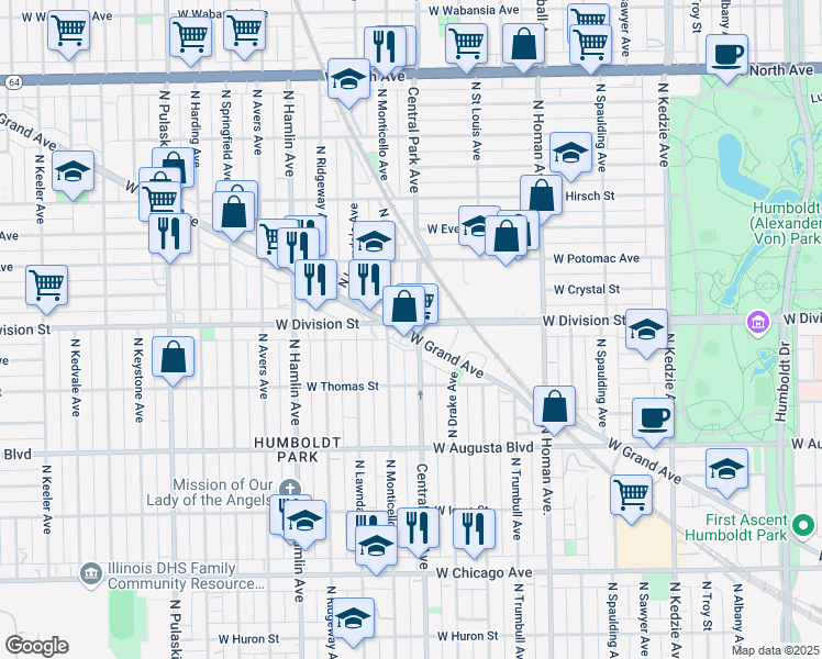 map of restaurants, bars, coffee shops, grocery stores, and more near 3604 West Grand Avenue in Chicago