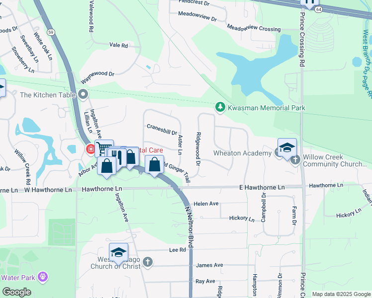 map of restaurants, bars, coffee shops, grocery stores, and more near 505 Columbine Lane in West Chicago