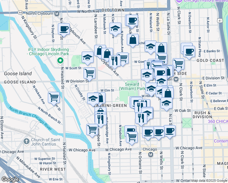 map of restaurants, bars, coffee shops, grocery stores, and more near 3 West Elm Street in Chicago