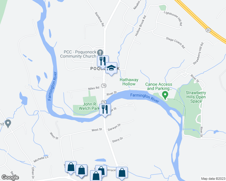 map of restaurants, bars, coffee shops, grocery stores, and more near 33 River Street in Windsor