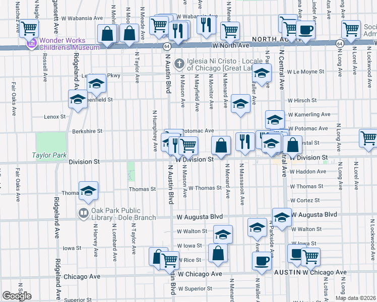 map of restaurants, bars, coffee shops, grocery stores, and more near 1215 North Mason Avenue in Chicago