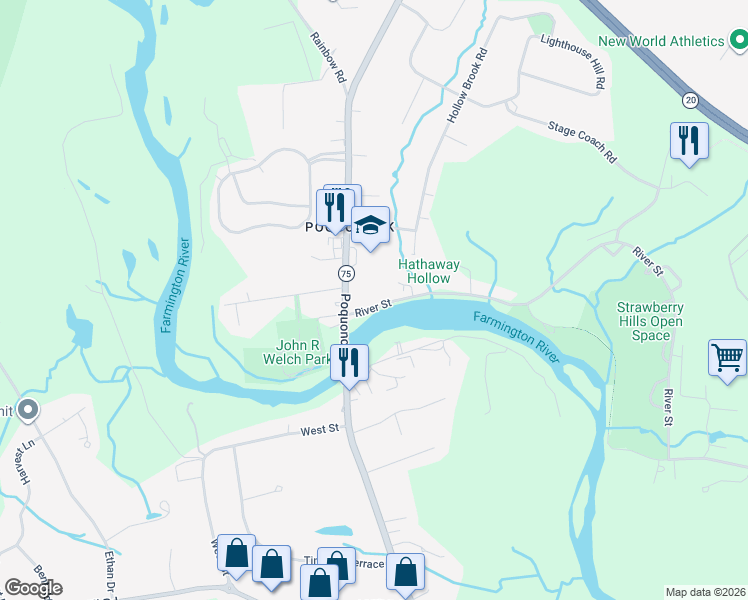 map of restaurants, bars, coffee shops, grocery stores, and more near 33 River Street in Windsor