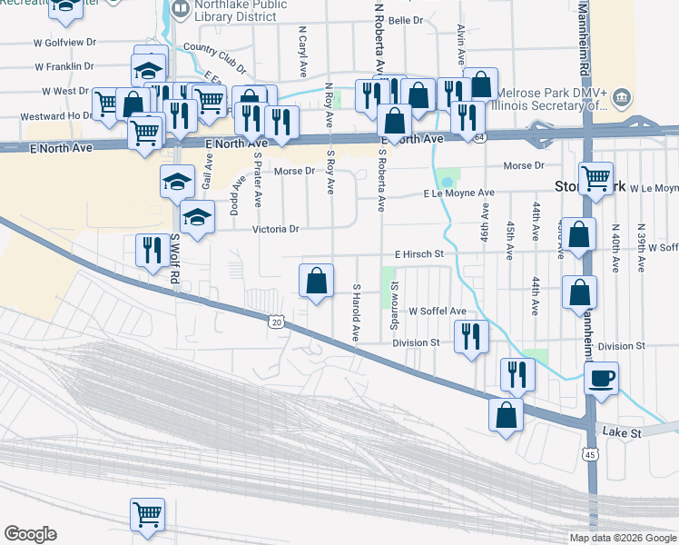 map of restaurants, bars, coffee shops, grocery stores, and more near 209 South Roy Avenue in Northlake
