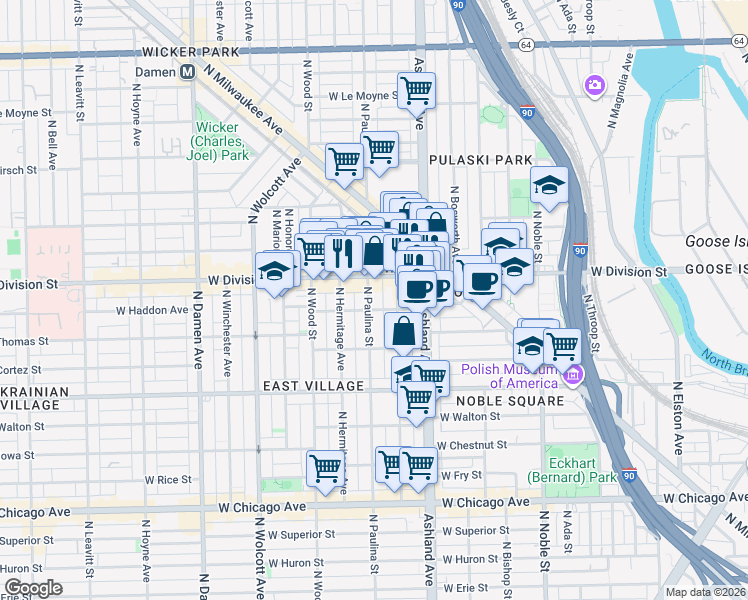 map of restaurants, bars, coffee shops, grocery stores, and more near 1104 North Marshfield Avenue in Chicago