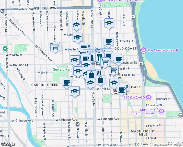 map of restaurants, bars, coffee shops, grocery stores, and more near 1120 North La Salle Drive in Chicago