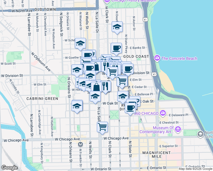 map of restaurants, bars, coffee shops, grocery stores, and more near 1122 North Clark Street in Chicago