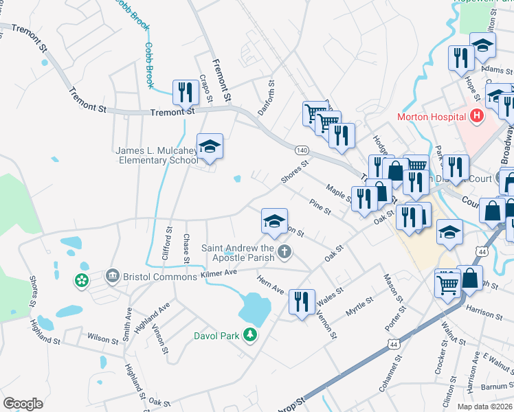 map of restaurants, bars, coffee shops, grocery stores, and more near 51 Kilton Street in Taunton