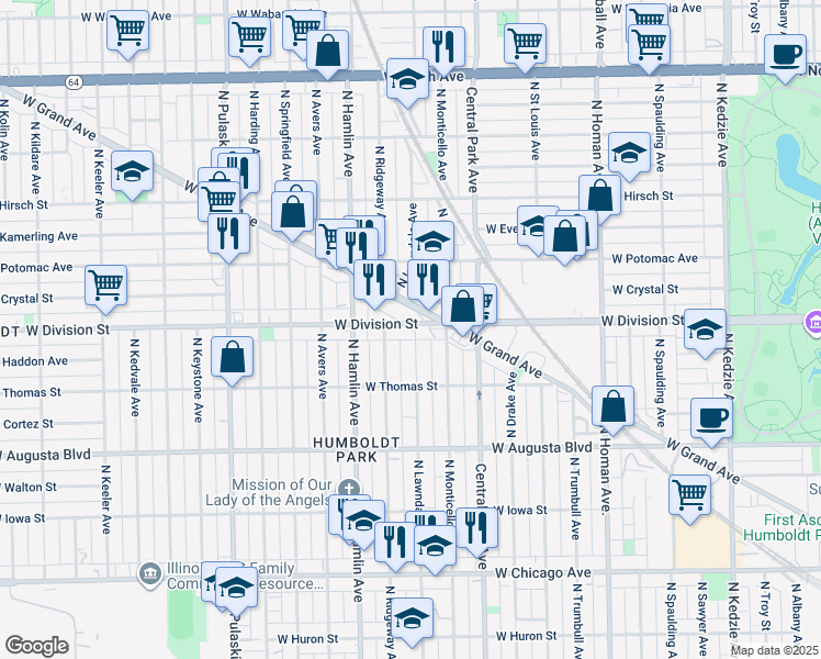 map of restaurants, bars, coffee shops, grocery stores, and more near in Chicago