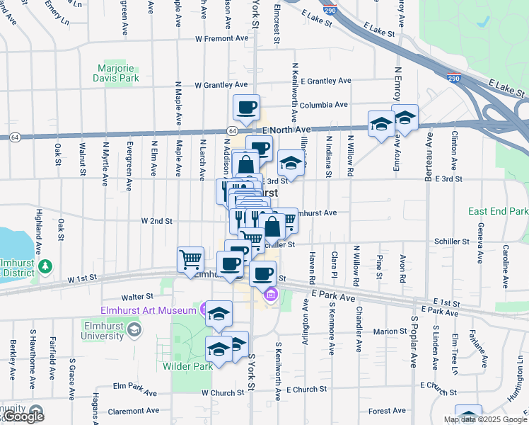 map of restaurants, bars, coffee shops, grocery stores, and more near 183n North York Street Rear in Elmhurst