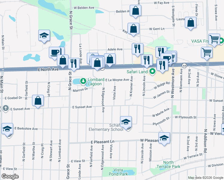 map of restaurants, bars, coffee shops, grocery stores, and more near 638 Vista Avenue in Lombard