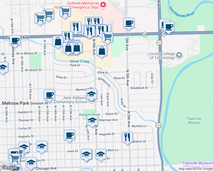 map of restaurants, bars, coffee shops, grocery stores, and more near 720 Winston Drive in Melrose Park