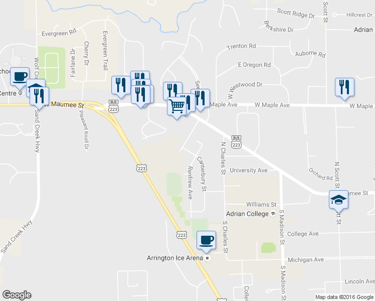 map of restaurants, bars, coffee shops, grocery stores, and more near 1511 Stratford Dr in Adrian