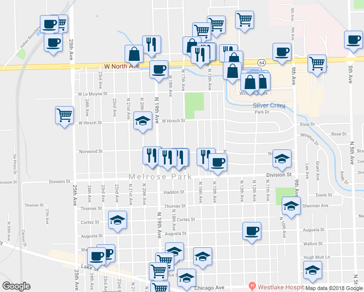 map of restaurants, bars, coffee shops, grocery stores, and more near 1600 North 17th Avenue in Melrose Park