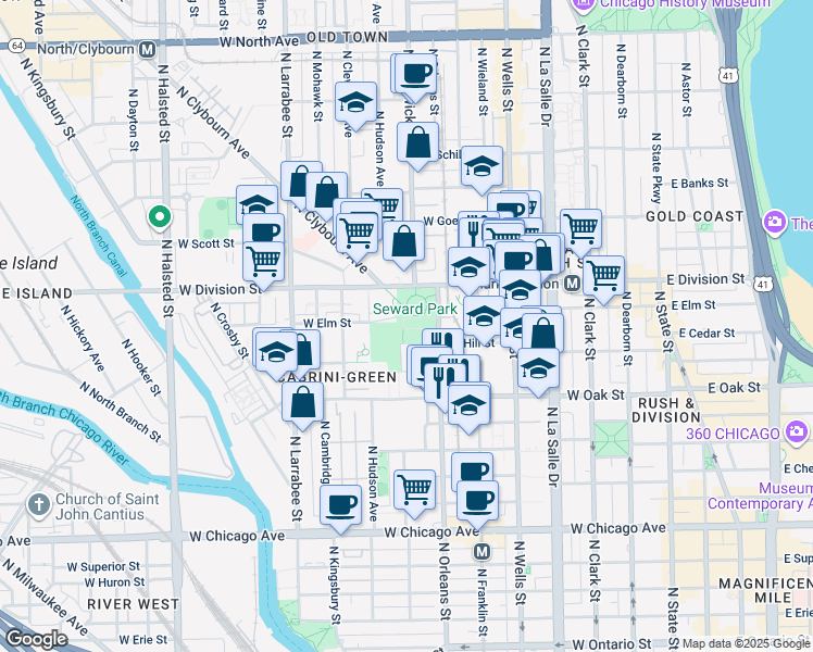 map of restaurants, bars, coffee shops, grocery stores, and more near 375 West Elm Street in Chicago