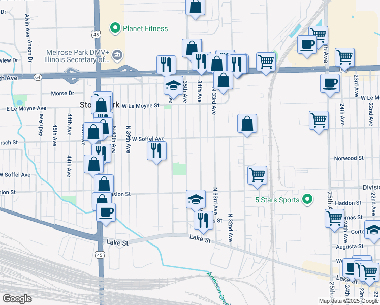 map of restaurants, bars, coffee shops, grocery stores, and more near 1619 35th Avenue in Melrose Park