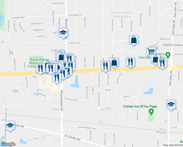 map of restaurants, bars, coffee shops, grocery stores, and more near 311 Illinois 64 in Glendale Heights