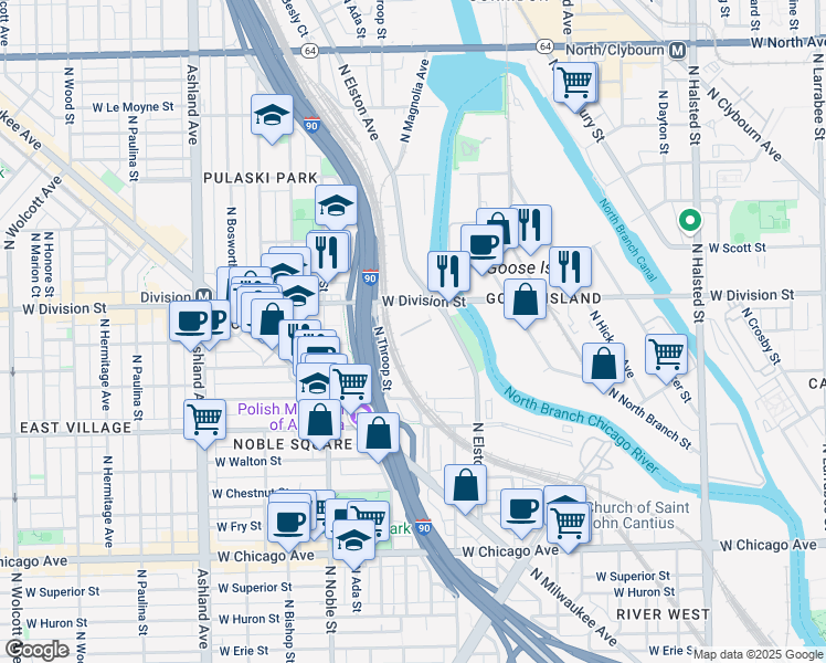 map of restaurants, bars, coffee shops, grocery stores, and more near 1237 West Division Street in Chicago