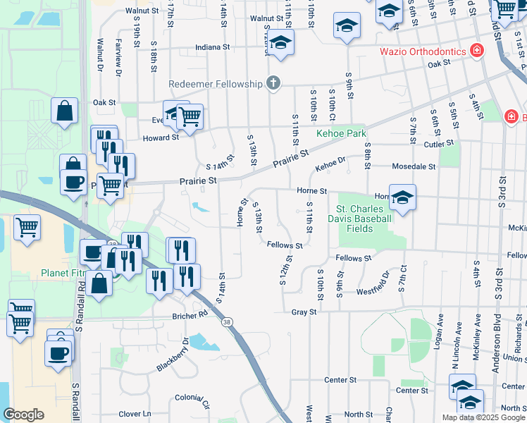 map of restaurants, bars, coffee shops, grocery stores, and more near 1122 South 13th Street in St. Charles