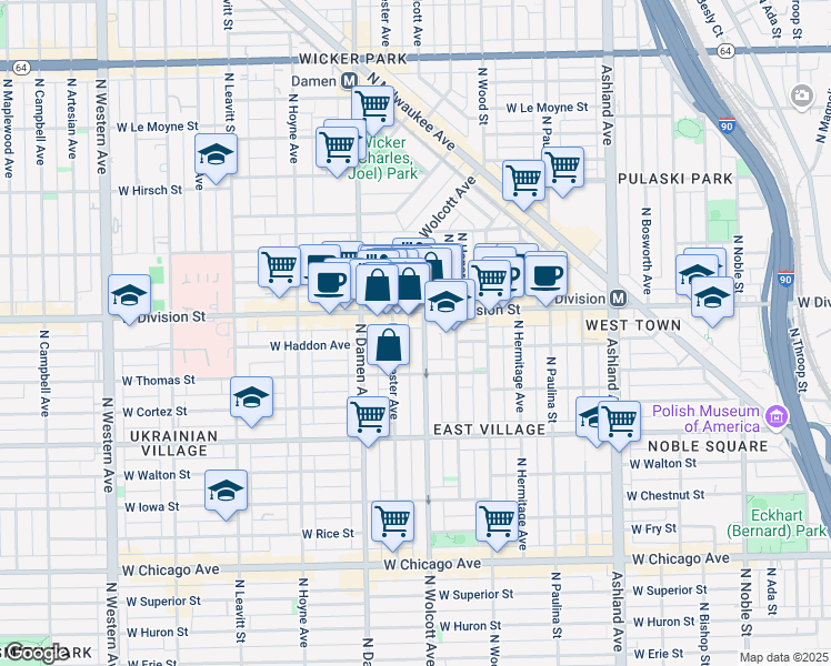 map of restaurants, bars, coffee shops, grocery stores, and more near 1138 North Wolcott Avenue in Chicago