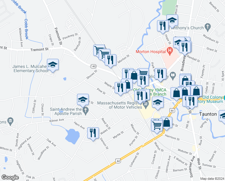 map of restaurants, bars, coffee shops, grocery stores, and more near 10 1/2 Maple Street in Taunton