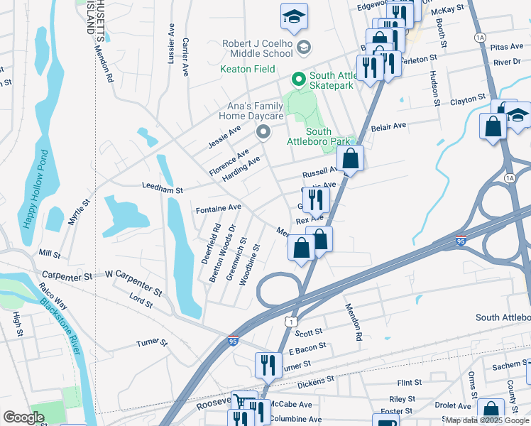 map of restaurants, bars, coffee shops, grocery stores, and more near 255 Mendon Road in Attleboro