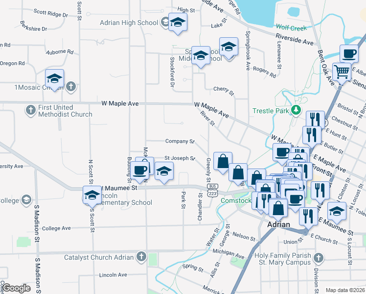 map of restaurants, bars, coffee shops, grocery stores, and more near 609 Company Street in Adrian