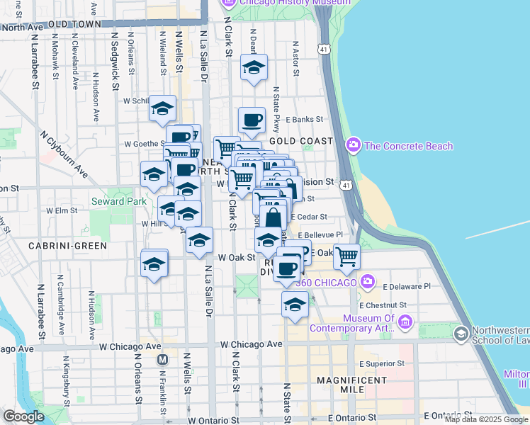 map of restaurants, bars, coffee shops, grocery stores, and more near 24 West Maple Street in Chicago