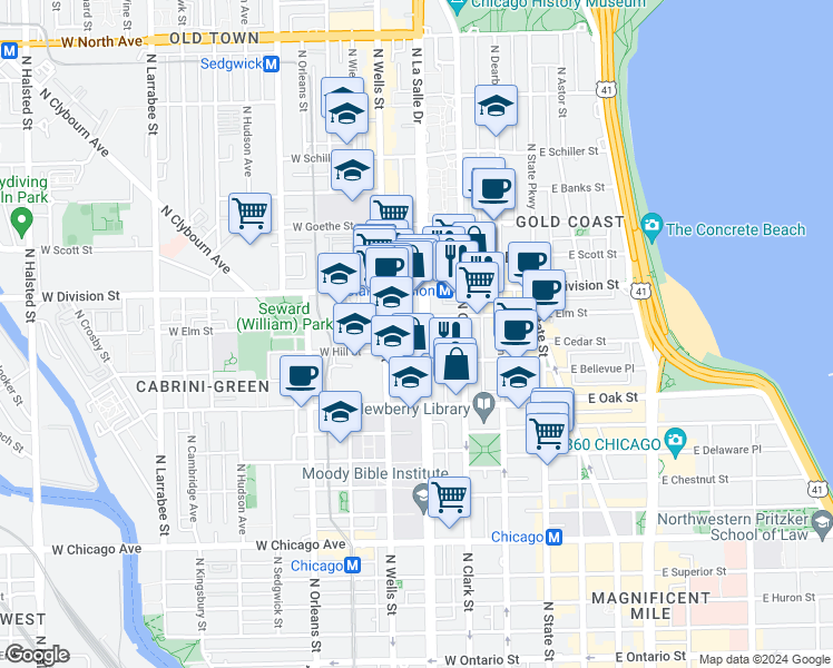 map of restaurants, bars, coffee shops, grocery stores, and more near in Chicago