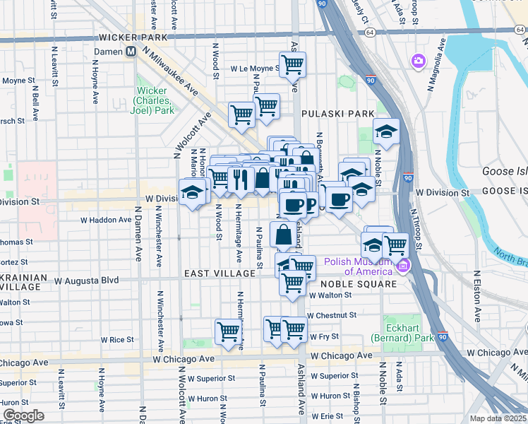 map of restaurants, bars, coffee shops, grocery stores, and more near 1104 North Marshfield Avenue in Chicago