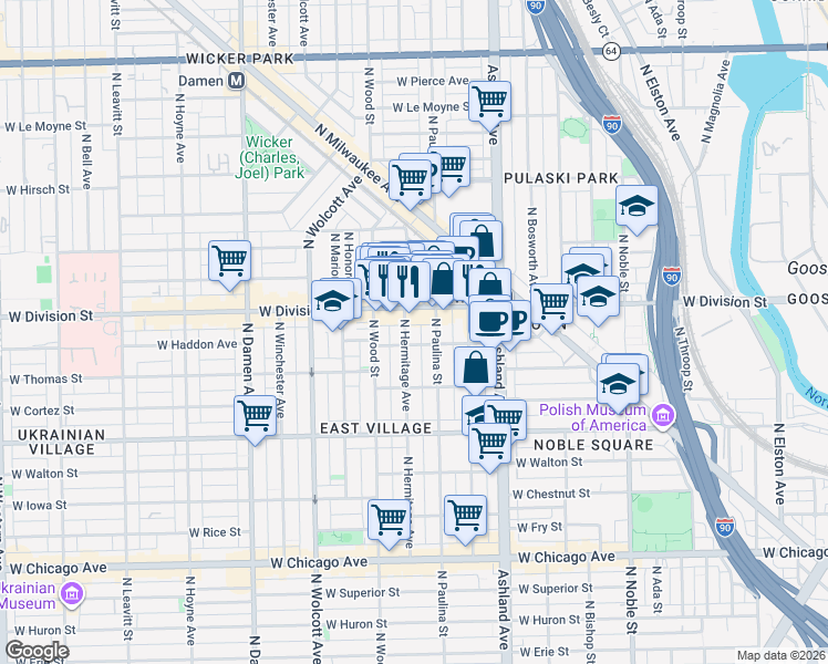 map of restaurants, bars, coffee shops, grocery stores, and more near 1712 West Haddon Avenue in Chicago