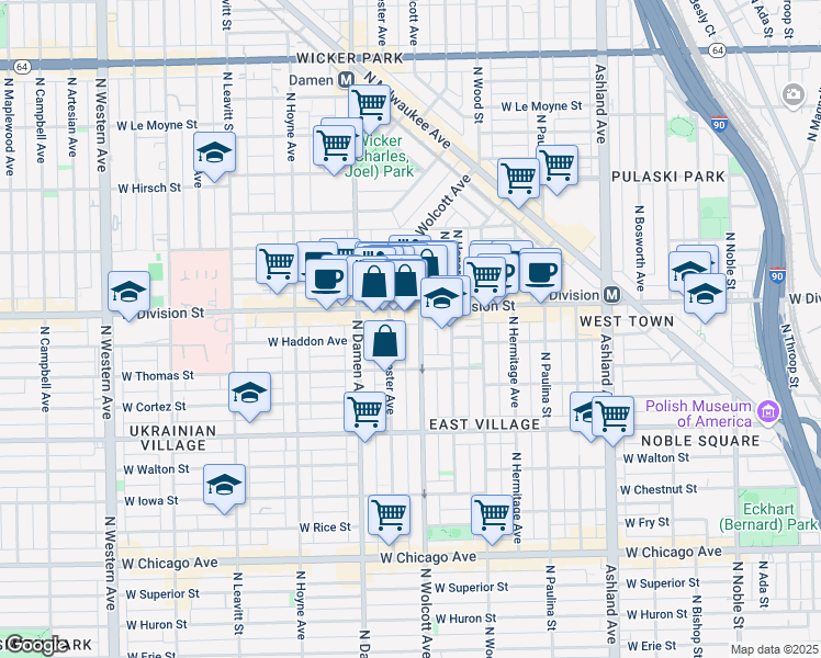 map of restaurants, bars, coffee shops, grocery stores, and more near 1138 North Wolcott Avenue in Chicago