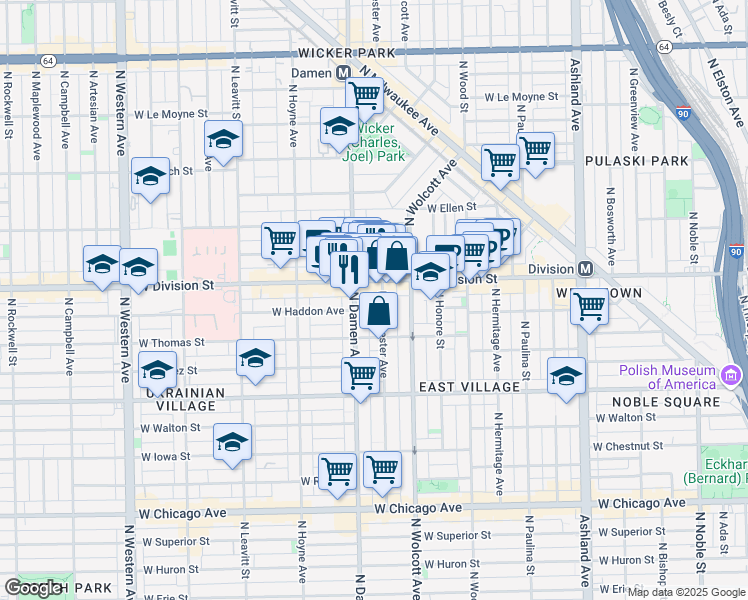 map of restaurants, bars, coffee shops, grocery stores, and more near 1138 North Winchester Avenue in Chicago