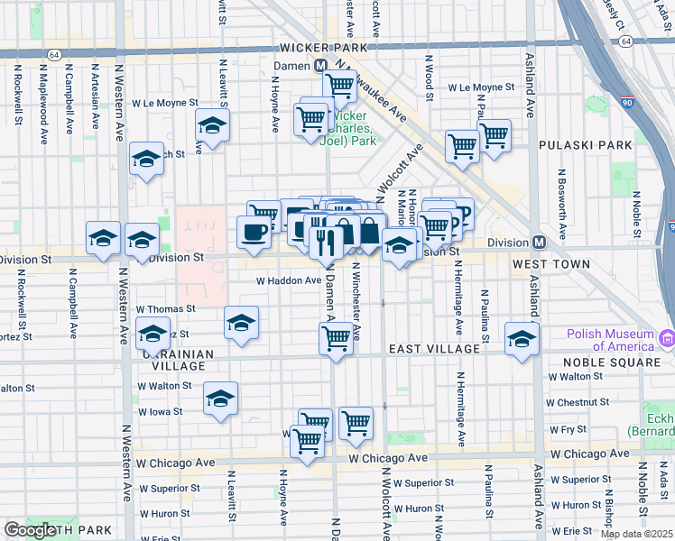 map of restaurants, bars, coffee shops, grocery stores, and more near 1138 North Winchester Avenue in Chicago