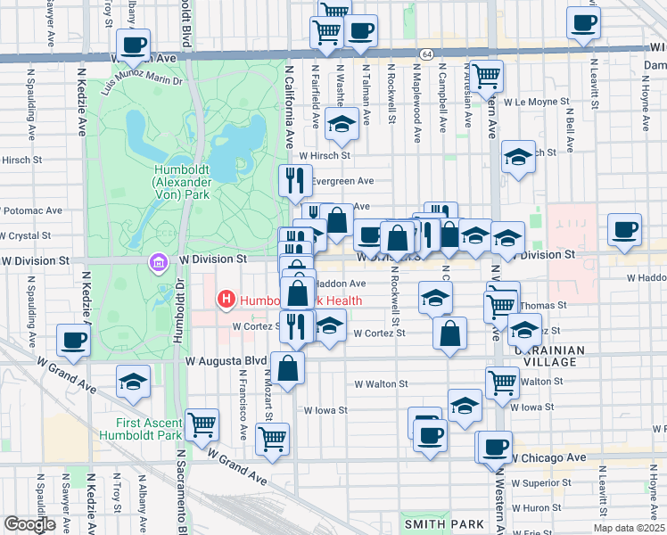 map of restaurants, bars, coffee shops, grocery stores, and more near 2701 West Division Street in Chicago