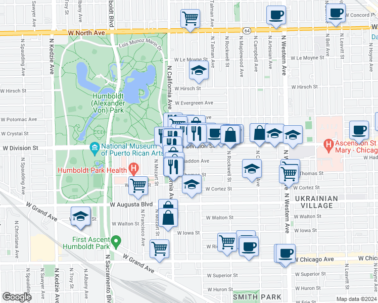 map of restaurants, bars, coffee shops, grocery stores, and more near 2743 West Division Street in Chicago