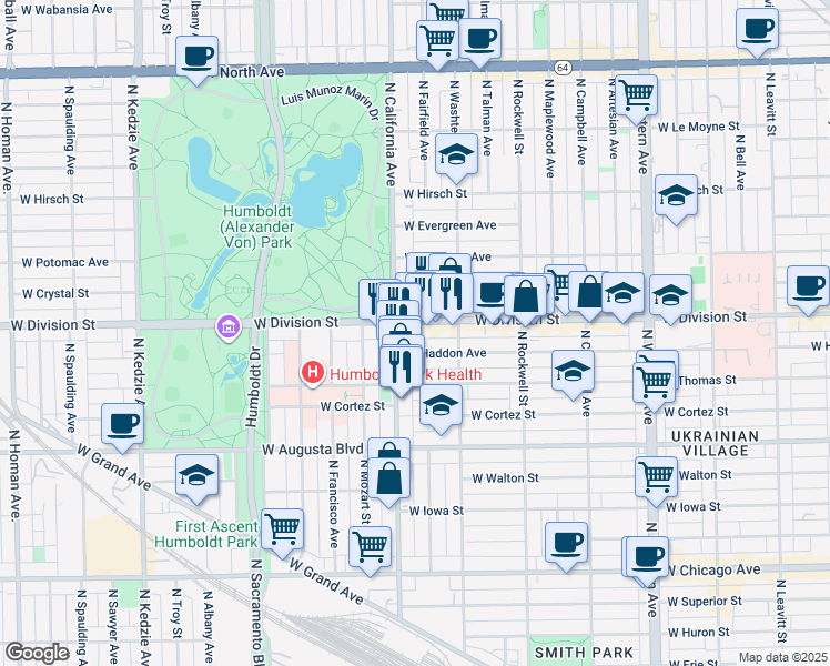 map of restaurants, bars, coffee shops, grocery stores, and more near 2743 West Division Street in Chicago