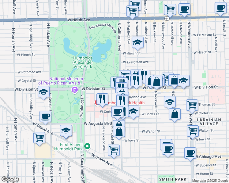 map of restaurants, bars, coffee shops, grocery stores, and more near 2801 West Division Street in Chicago