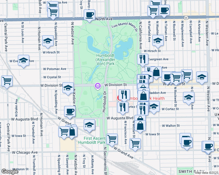 map of restaurants, bars, coffee shops, grocery stores, and more near in Chicago