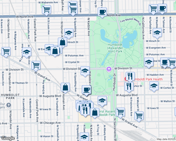map of restaurants, bars, coffee shops, grocery stores, and more near in Chicago