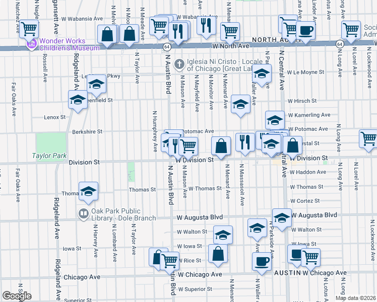 map of restaurants, bars, coffee shops, grocery stores, and more near 1215 North Mason Avenue in Chicago