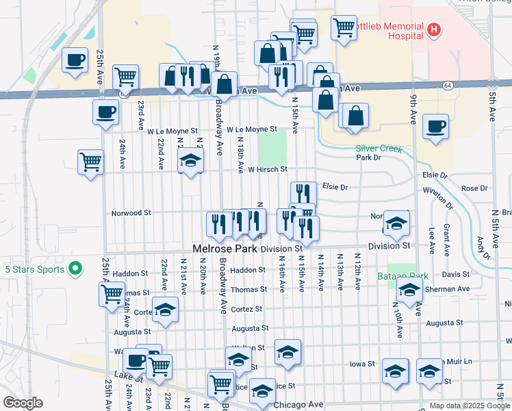map of restaurants, bars, coffee shops, grocery stores, and more near 1600 North 17th Avenue in Melrose Park