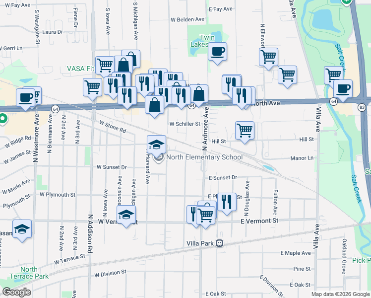 map of restaurants, bars, coffee shops, grocery stores, and more near 42 West Ridge Road in Villa Park
