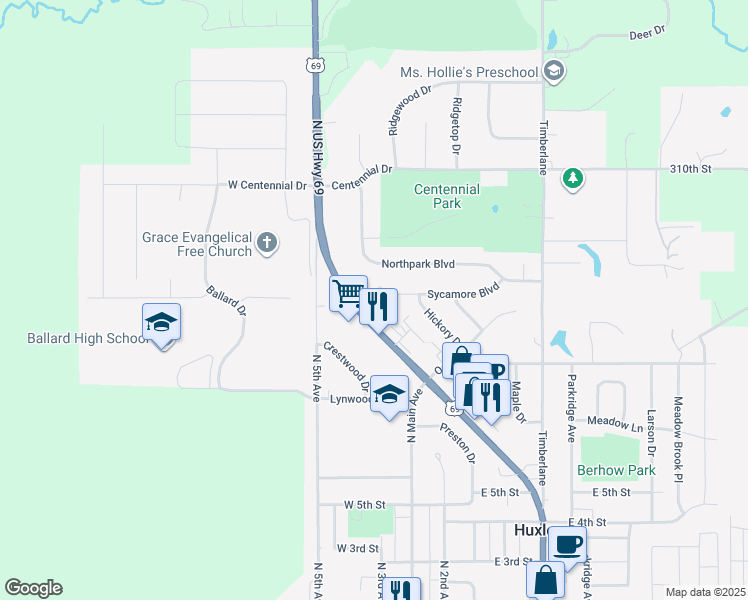 map of restaurants, bars, coffee shops, grocery stores, and more near 100-138 Sycamore Boulevard in Huxley