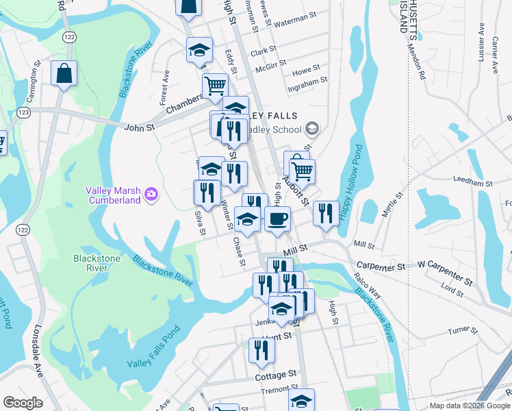 map of restaurants, bars, coffee shops, grocery stores, and more near 8 Bells Court in Cumberland