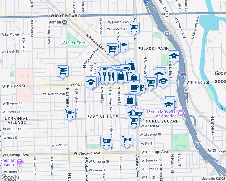 map of restaurants, bars, coffee shops, grocery stores, and more near 1712 West Haddon Avenue in Chicago