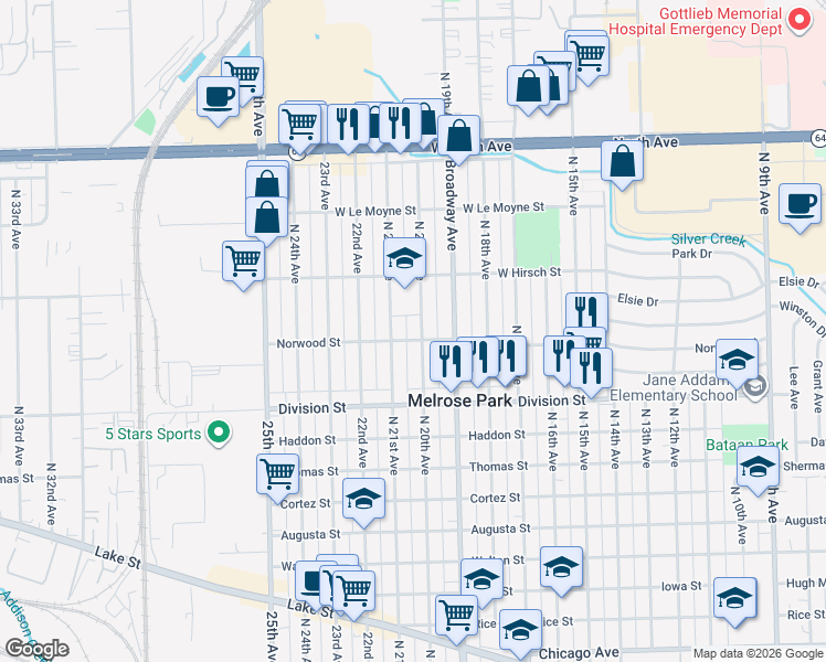 map of restaurants, bars, coffee shops, grocery stores, and more near 1601 North 20th Avenue in Melrose Park