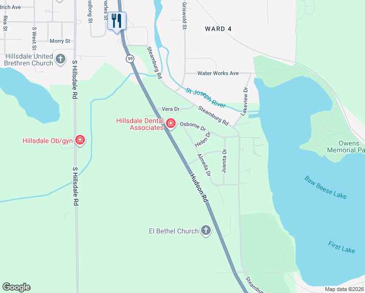 map of restaurants, bars, coffee shops, grocery stores, and more near 1468 Hudson Road in Hillsdale