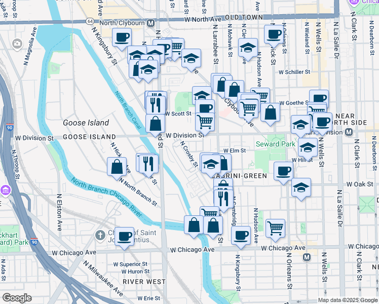 map of restaurants, bars, coffee shops, grocery stores, and more near 811 West Elm Street in Chicago