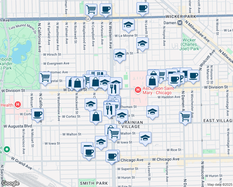 map of restaurants, bars, coffee shops, grocery stores, and more near 1147 North Western Avenue in Chicago
